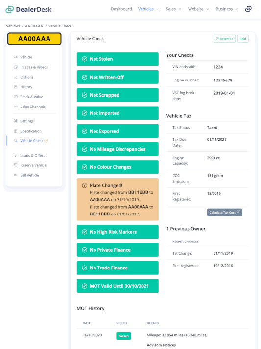 DealerDesk - Car Dealership Manager - Vehicle Background/HPI Check